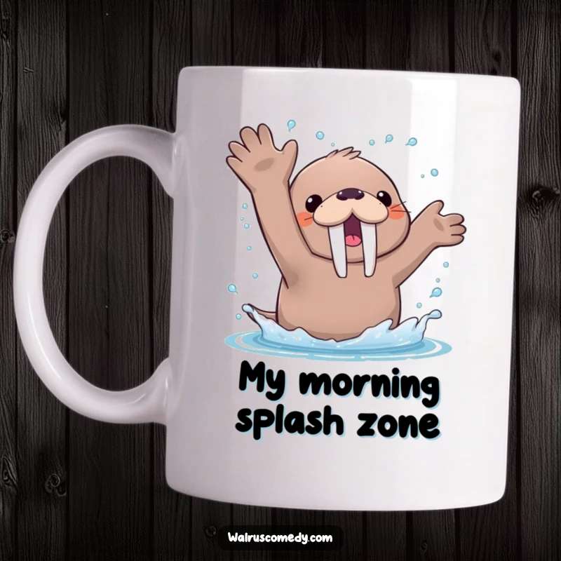 Funny Mug featuring a kawaii walrus joyfully splashing water with its flippers, creating a cascade of happy droplets.