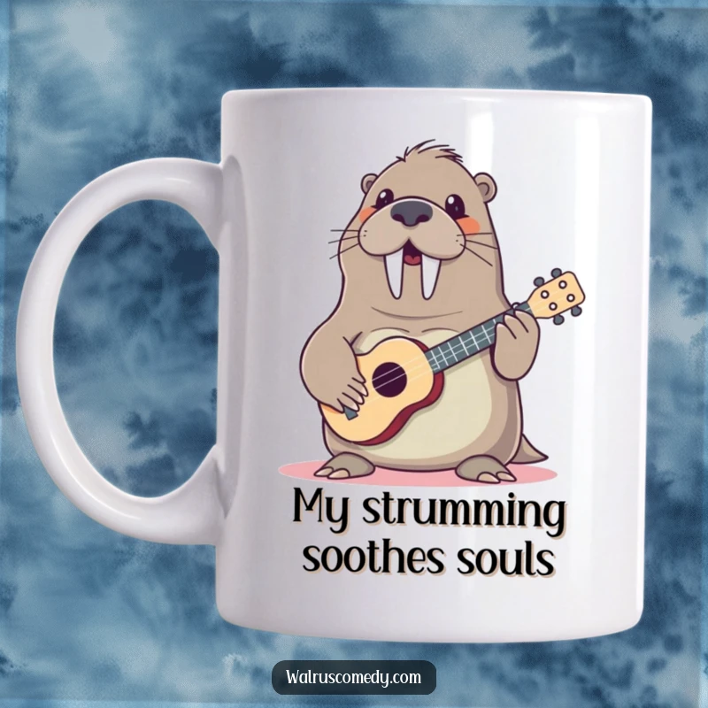 Funny walrus playing ukulele with a big grin, a musical and cheerful sea creature design, perfect for coffee lovers.