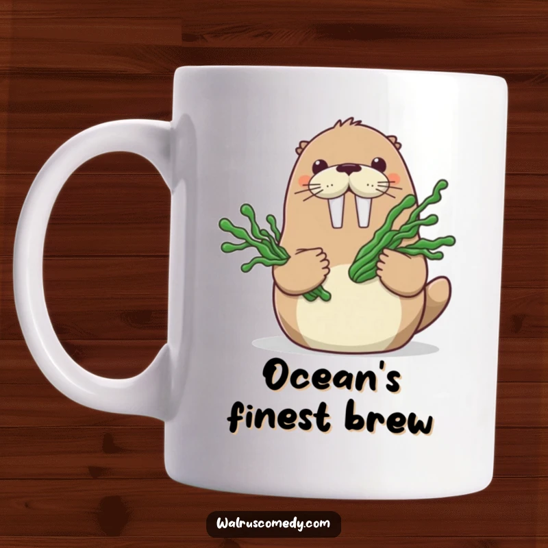 Funny mug with a happy walrus character presenting a bouquet of green seaweed with a gentle smile, symbolizing ocean affection.