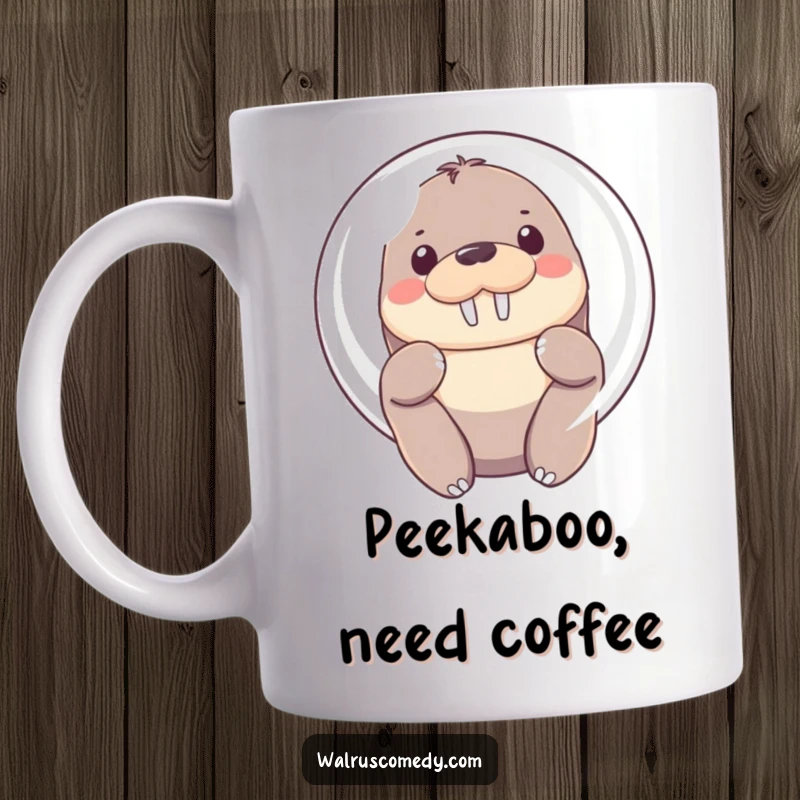 Funny Mug featuring a Kawaii walrus peeking shyly from behind a large, bright bubble, its soft eyes full of endearing innocence.