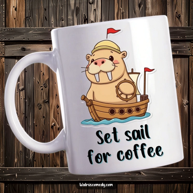 Funny walrus mug of an adventurous walrus grinning while pretending to steer a tiny ship, embodying nautical fun.