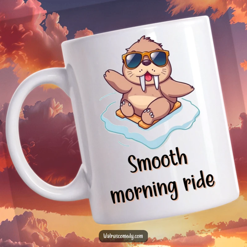 Funny kawaii walrus wearing sunglasses, sliding down an icy slope with a cool and adventurous spirit on this mug.