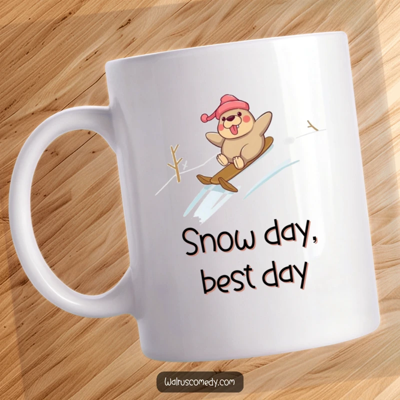 Funny mug featuring a gleeful walrus character sliding down a snowy hill, radiating winter excitement and pure, unadulterated fun.