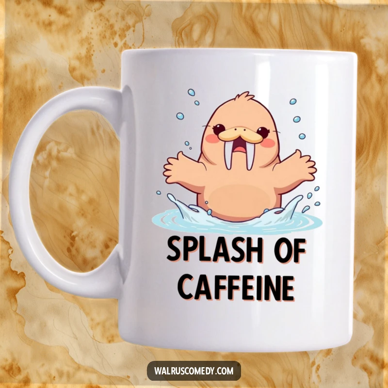 Funny Kawaii Walrus Splashing Water Mug, an energetic walrus splashing water happily, cheerful ocean-themed art.