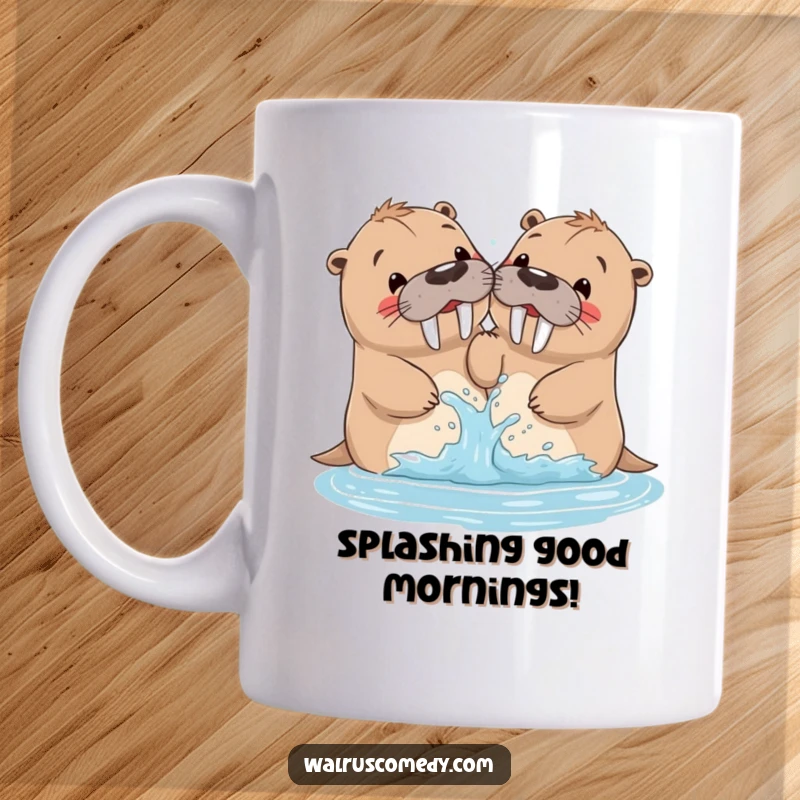 Funny walrus mug featuring siblings playfully splashing each other with water, embodying fun and family chaos.