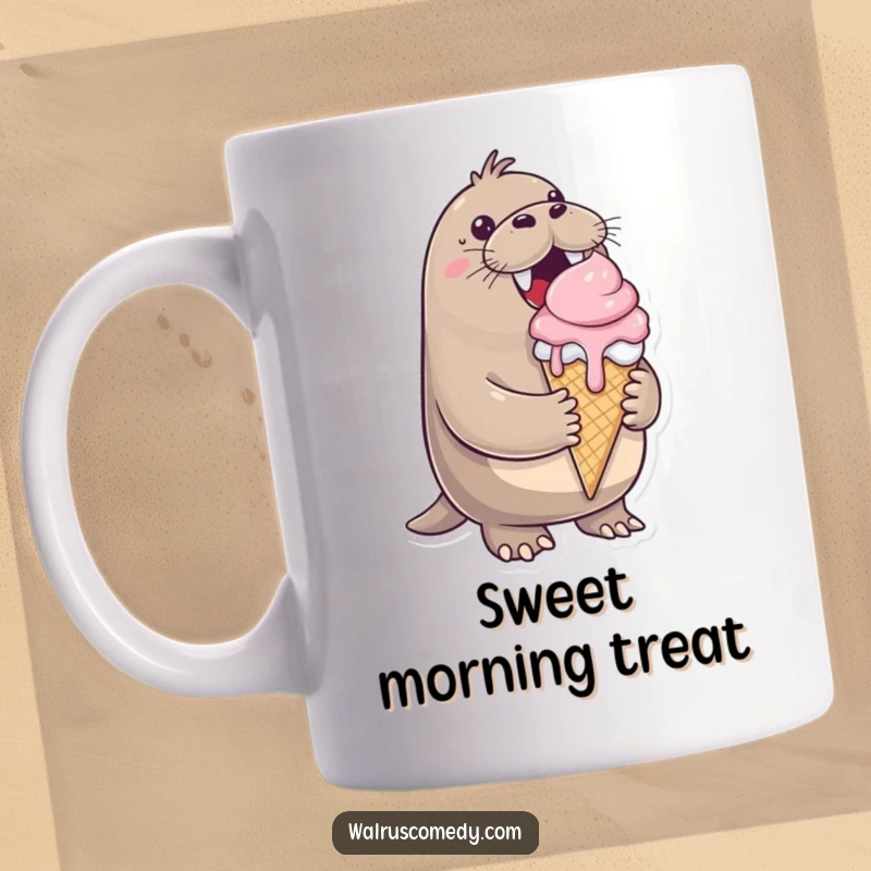 Funny mug, cheerful walrus holding large ice cream cone, dripping happily, sweet, joyful, perfect for ice cream lovers.