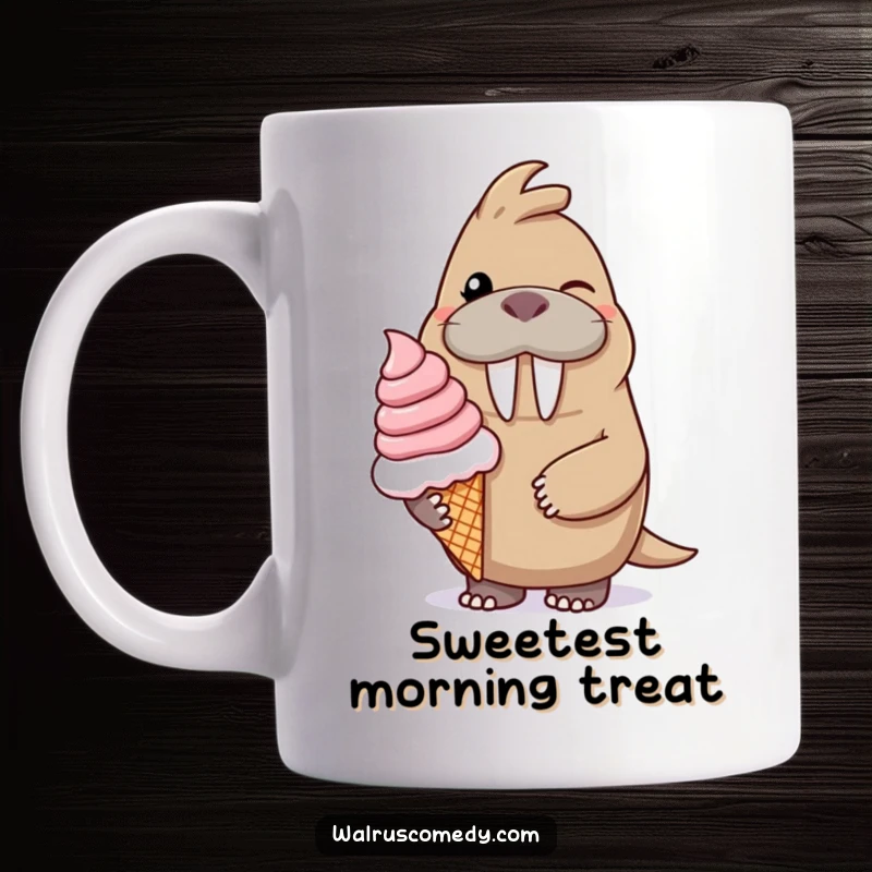 Funny mug with a winking walrus character smiling and offering a comically large ice cream cone, radiating pure delight.