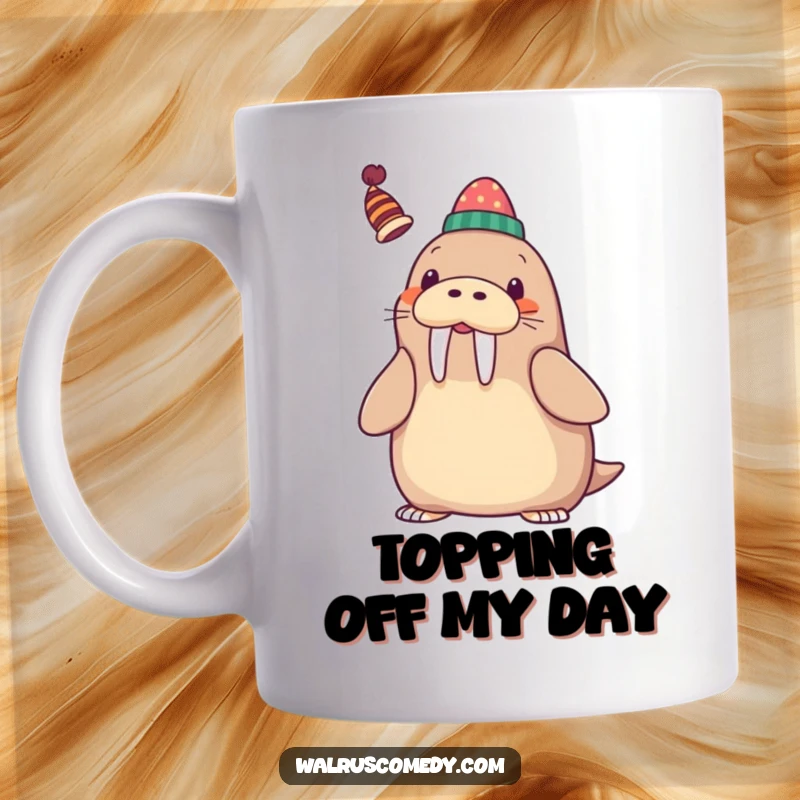 Funny Mug with a kawaii walrus sporting a whimsical hat balanced on its tusk, smiling with playful charm.