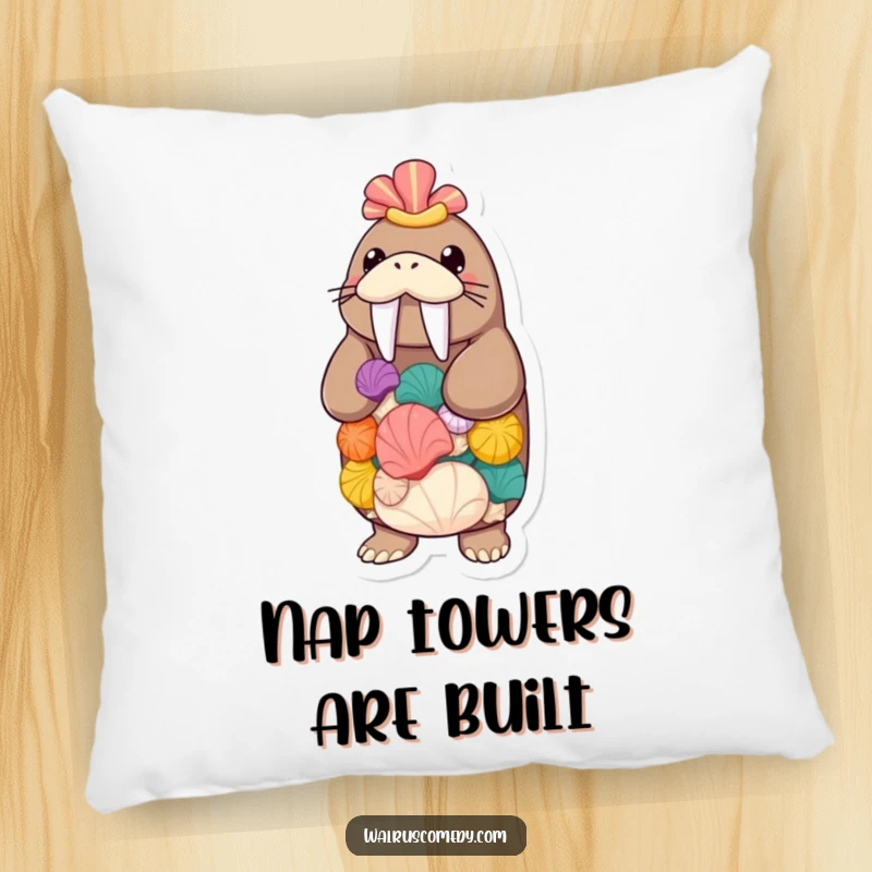 Funny walrus with stacked seashells on a pillow, a soft and decorative cushion featuring a humorous sea creature, cozy home accent.