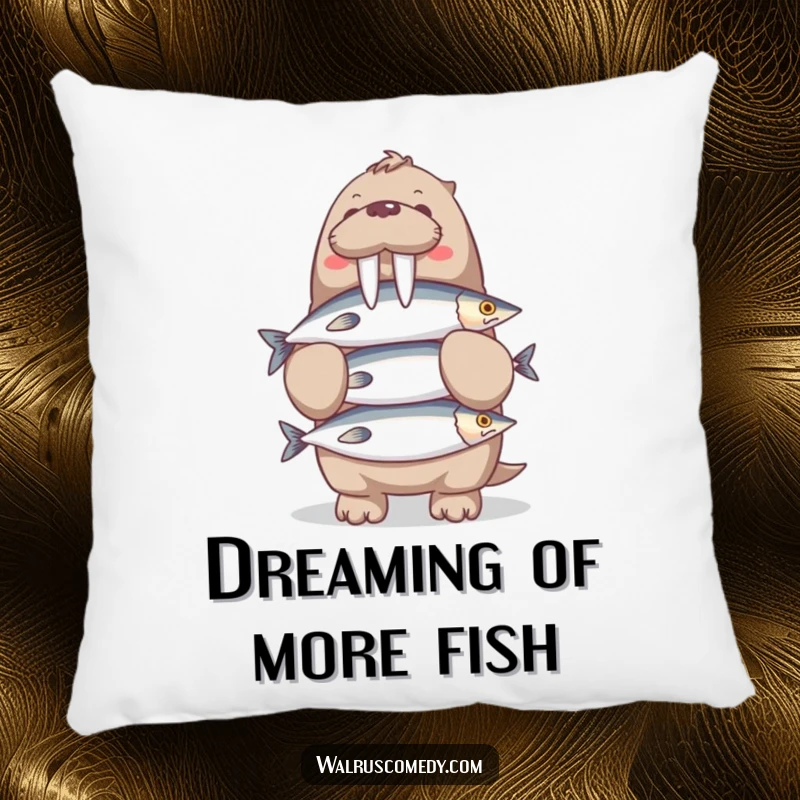 Funny Walrus Pillow: A plush pillow featuring a happy walrus balancing a tall stack of fish, perfect for adding humor to any room.