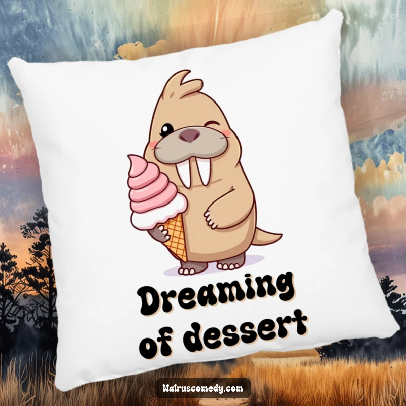 Funny pillow illustration of a winking walrus character smiling while offering a giant ice cream cone, providing plush comfort and sweetness.