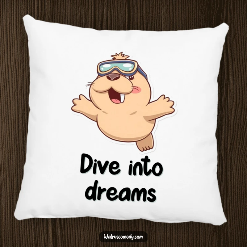 Funny pillow featuring a playful walrus wearing swimming goggles and diving with a smile, perfect for adding comfort and ocean vibes.