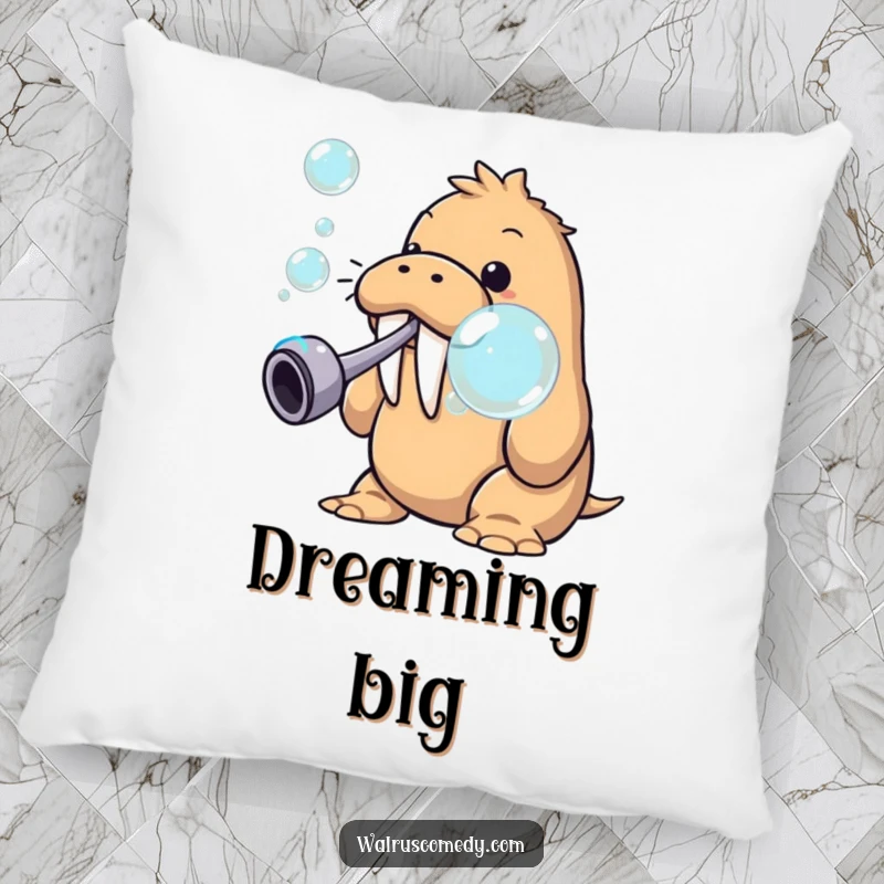 Funny walrus blowing bubbles on a pillow, a soft and cozy cushion featuring a whimsical sea creature, great for lounging.
