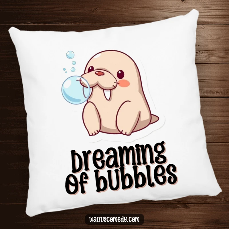 Funny kawaii walrus blowing a bubble with its flippers, looking surprised and cuddly on this plush decorative pillow.