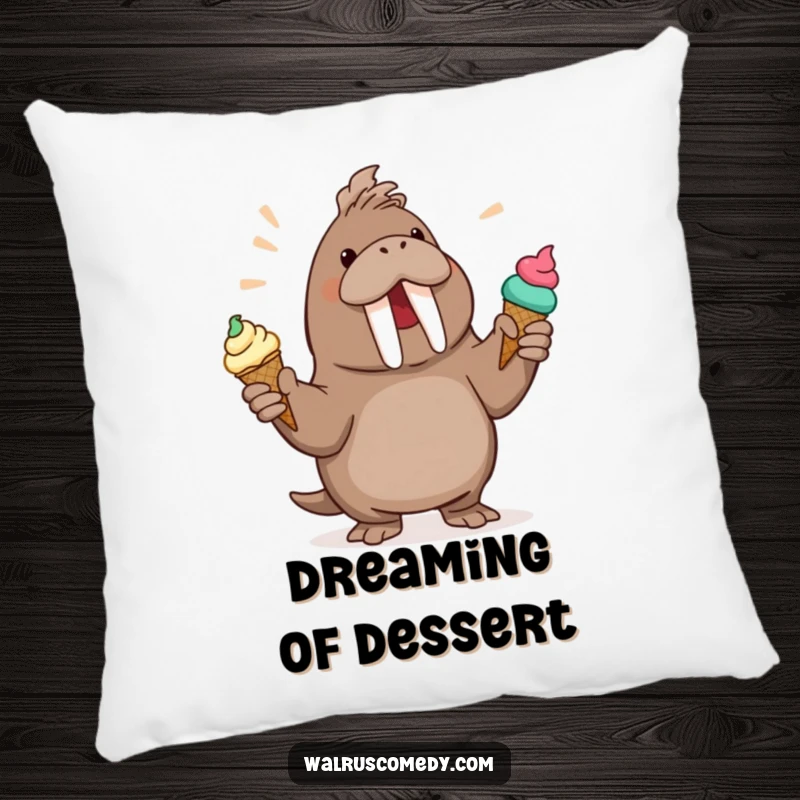 Funny Walrus Pillow: A soft pillow featuring a happy walrus juggling multiple ice cream cones, perfect for adding cheer to any seating area.