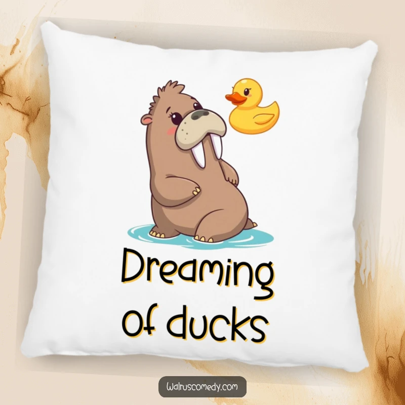 Funny pillow featuring a walrus hilariously surprised by a rubber duck, offering cozy comfort and a comedic twist.