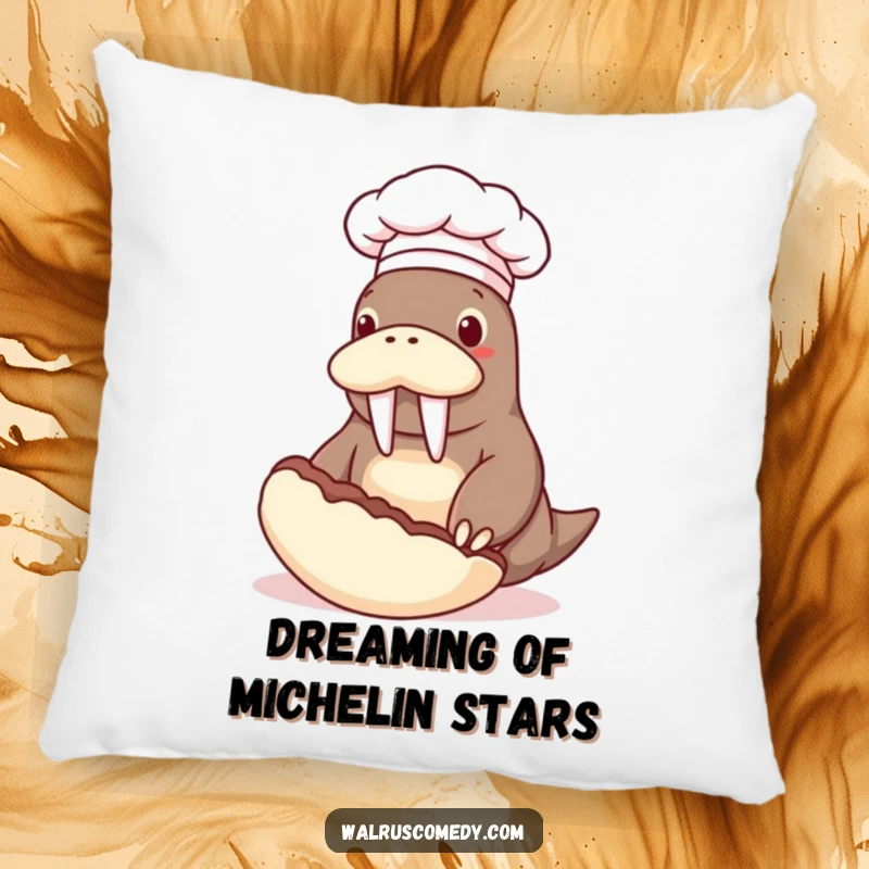 Funny decorative pillow with a walrus chef in a hat flipping a giant clam, bringing humorous culinary vibes to home settings.