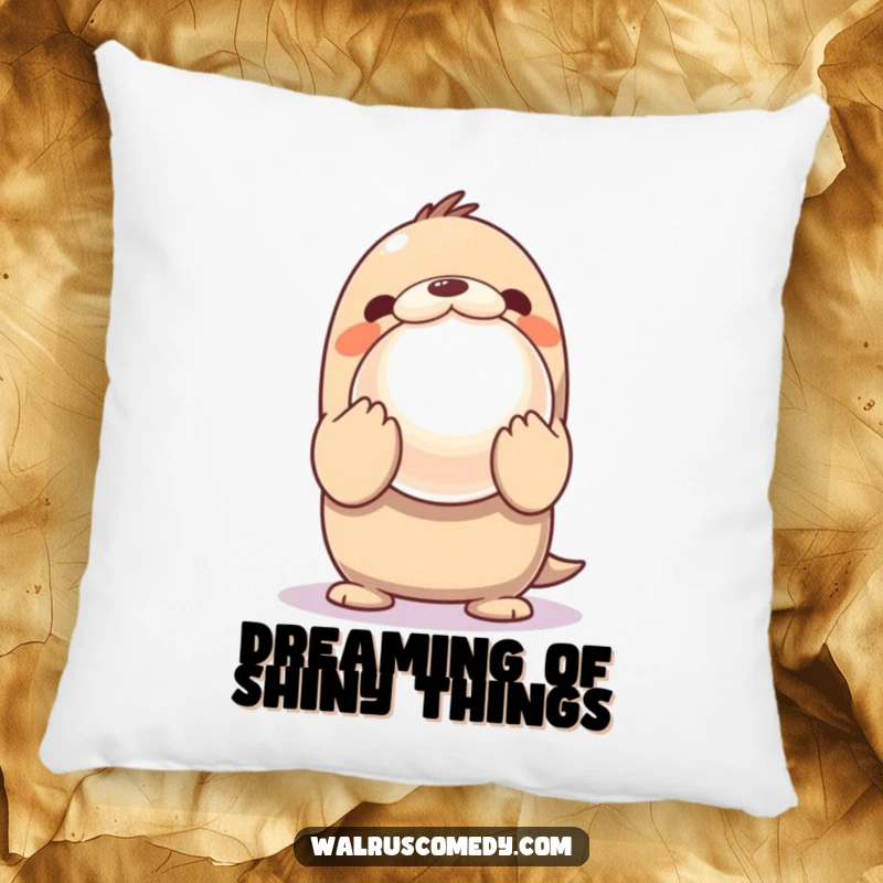 Funny Pillow featuring a Kawaii walrus excitedly holding a giant, shiny pearl, offering comfort and ocean vibes.