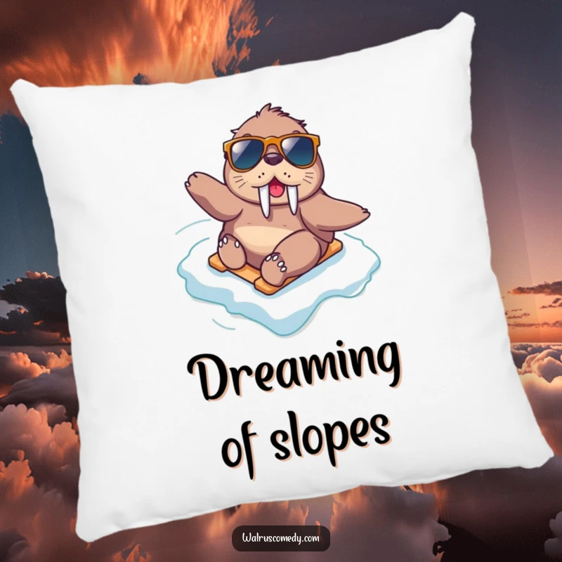 Funny kawaii walrus wearing sunglasses slides down an icy slope, bringing adventure and softness to this decorative pillow.