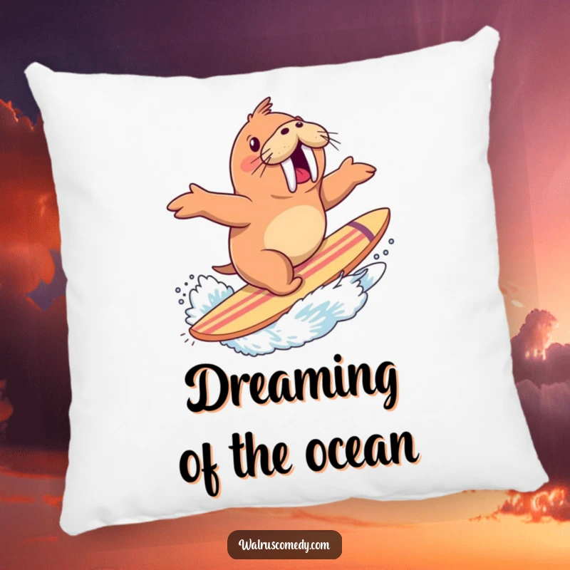 Funny pillow featuring an excited walrus riding a giant surfboard with a dynamic splash, perfect for adding comfort and humor.
