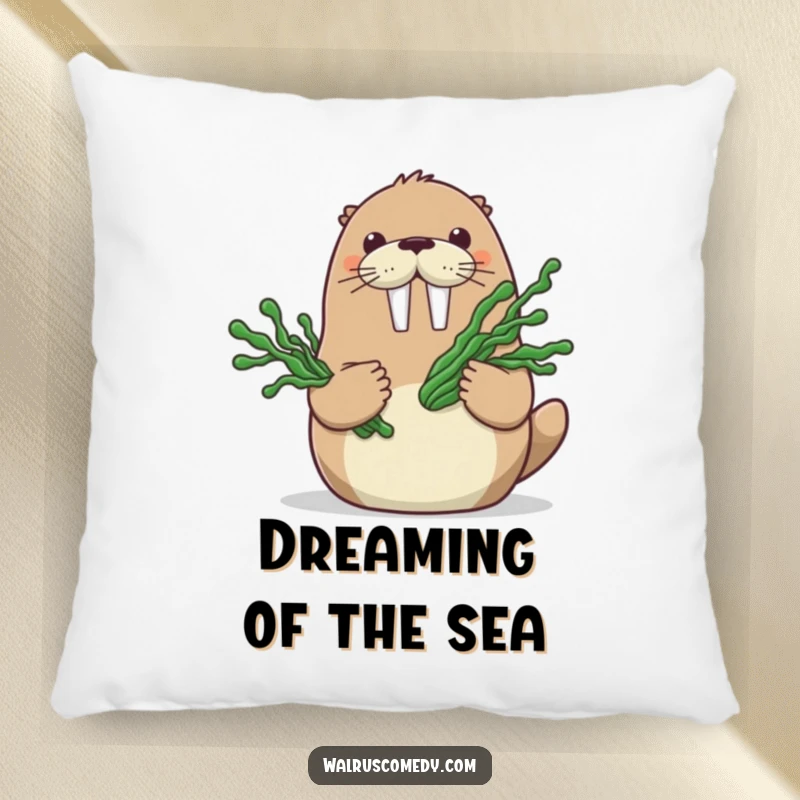 Funny pillow with a happy walrus character holding a bouquet of seaweed, offering comfort and a symbol of oceanic love.