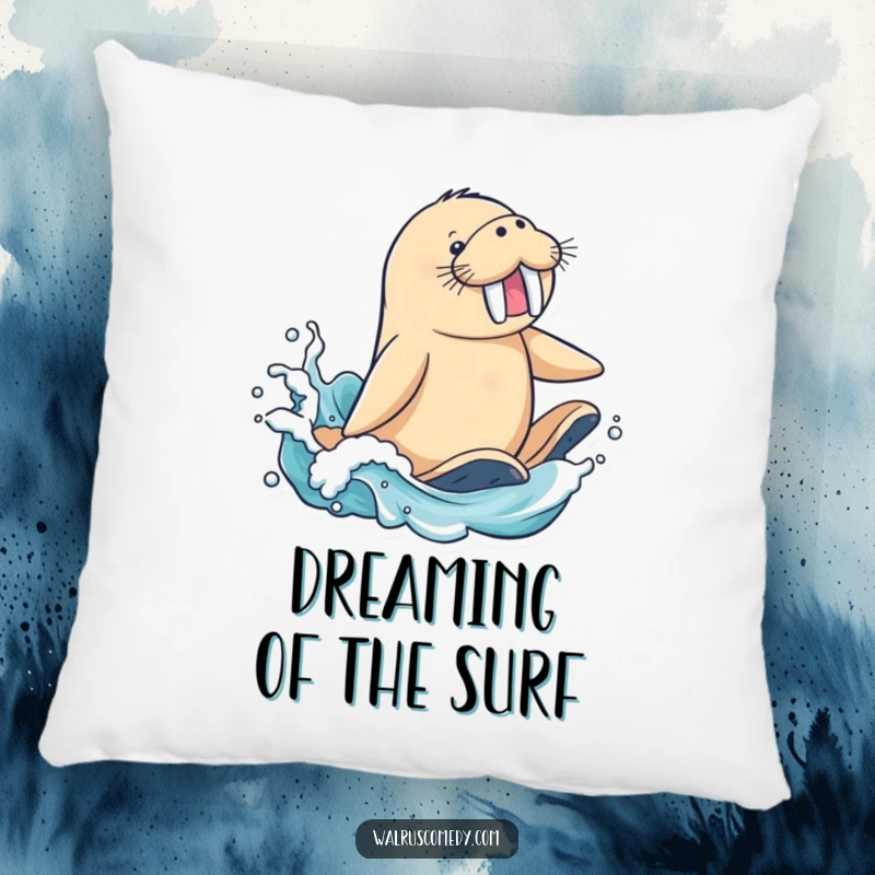 Funny Pillow: A delighted walrus character rides a cresting ocean wave with flippers splashing, adding playful decor.