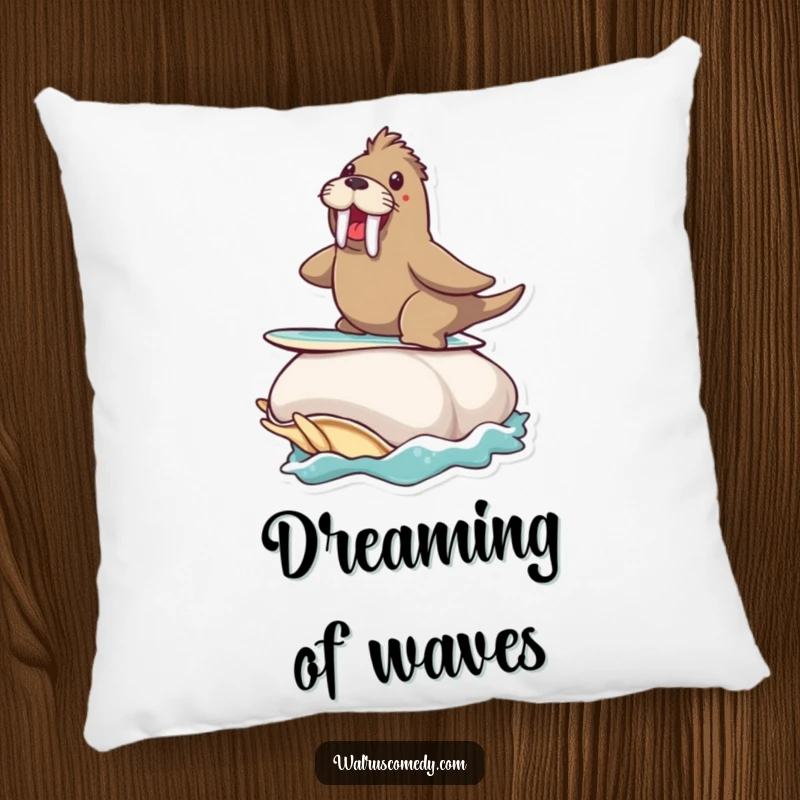 Funny decorative pillow featuring a walrus surfing on a clam, bringing ocean-themed humor.