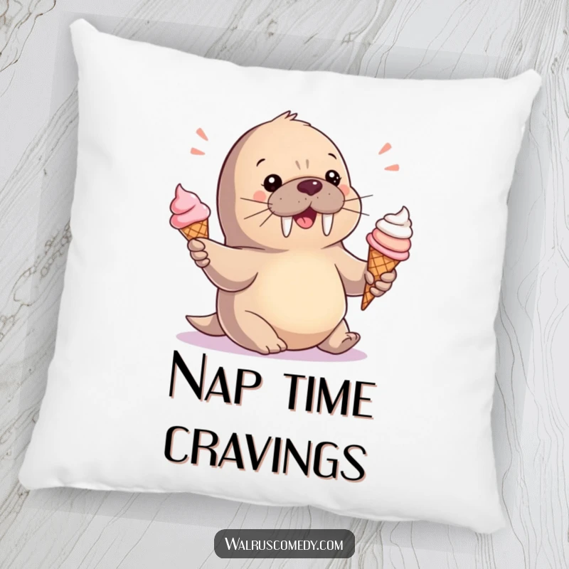 Funny Pillow: A sweet baby walrus juggles ice cream cones, offering comfort and a dose of playful sweetness.