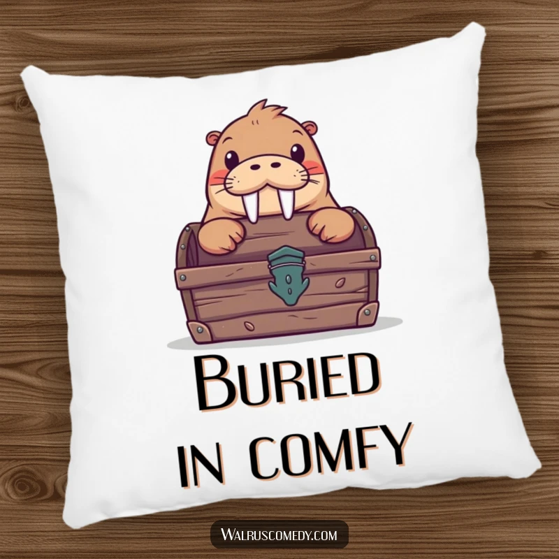 Funny pillow designed with a curious walrus peeking from behind a treasure chest, bringing a touch of humor and comfort.