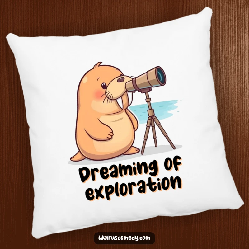 Funny walrus pillow featuring a curious walrus with a telescope, set against a sea background, perfect for cozy humor.