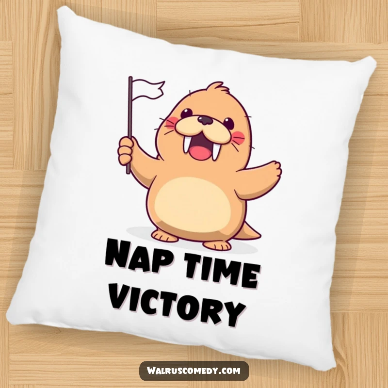Funny Pillow featuring a kawaii walrus gleefully waving a tiny flag with a cheerful, excited expression.