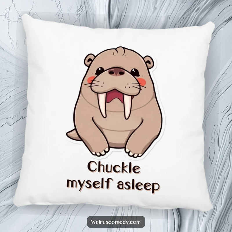 Funny kawaii walrus character in a hearty chuckle, prominent tusks visible, looking soft and cozy on a plush pillow.