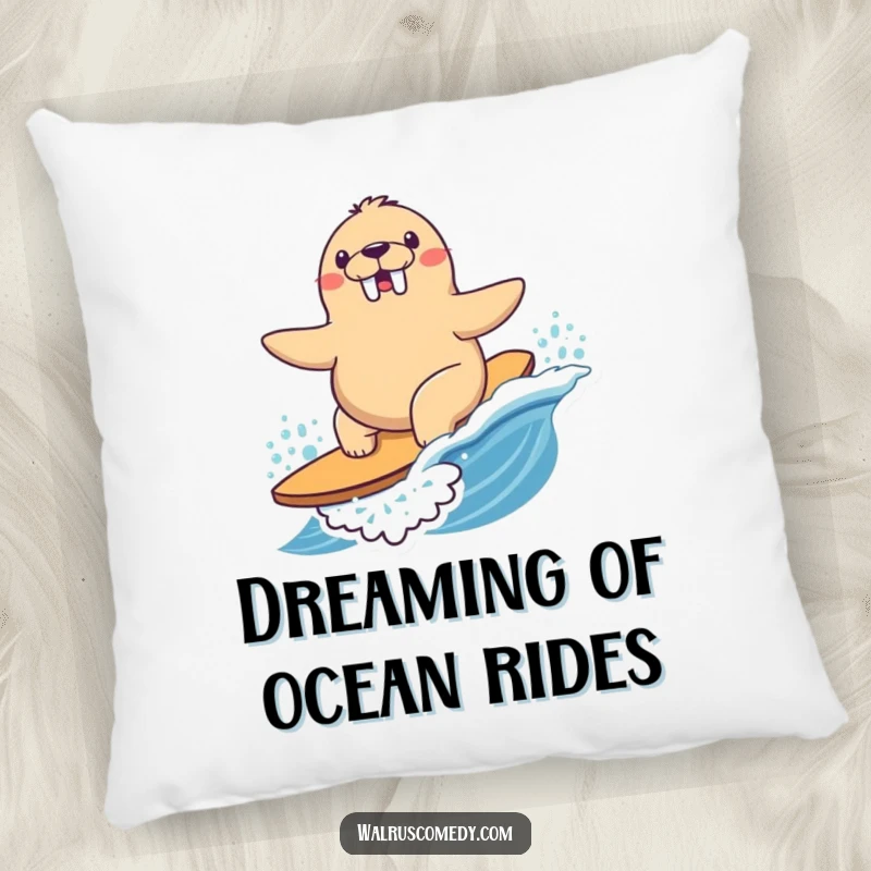 Funny Pillow featuring a Kawaii walrus happily surfing a wave, offering comfort and a touch of ocean adventure.