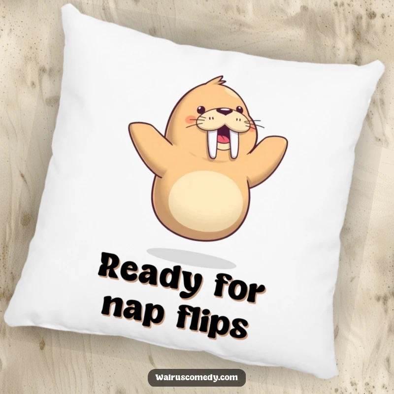 Funny pillow with a cute walrus performing a lively one-flipper dance, designed to bring comfort and humorous delight to any space.