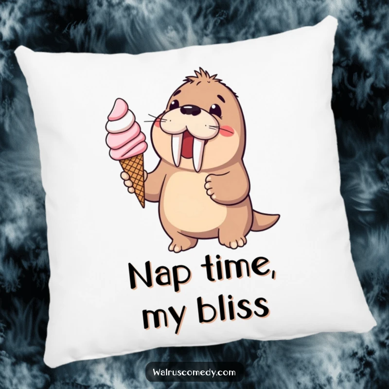 Soft pillow featuring a funny walrus offering ice cream with glee, adding sweet humor and comfort, a lovely funny gift.