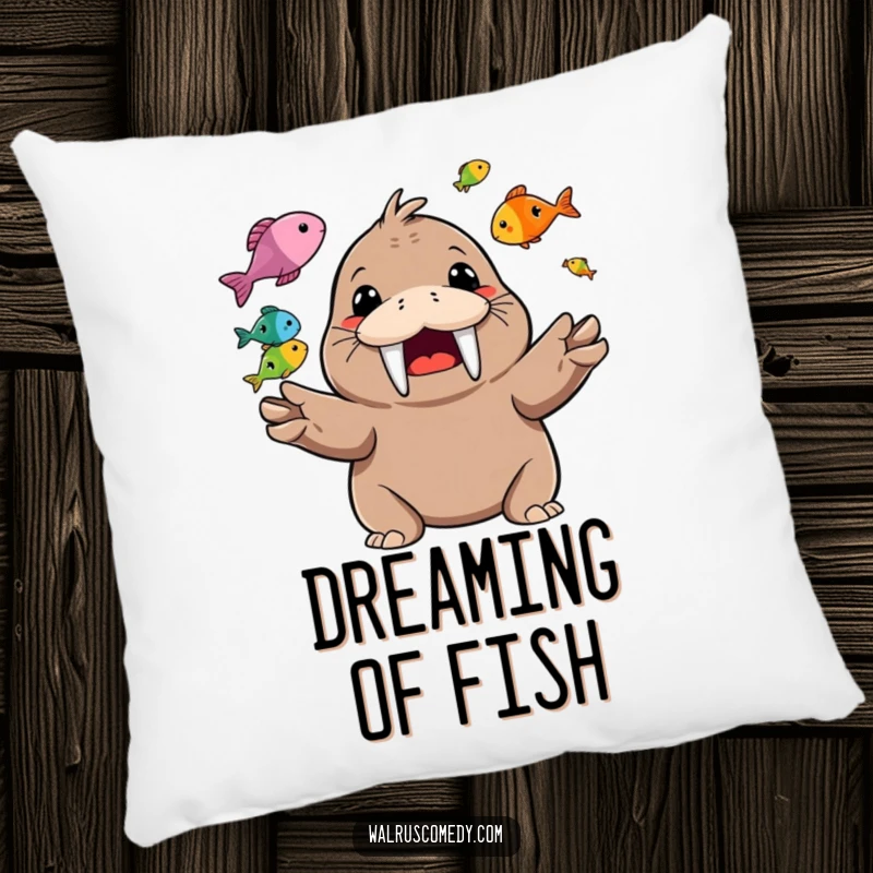 Funny Pillow with a happy walrus character juggling colorful fish, sporting a wide, toothy grin.