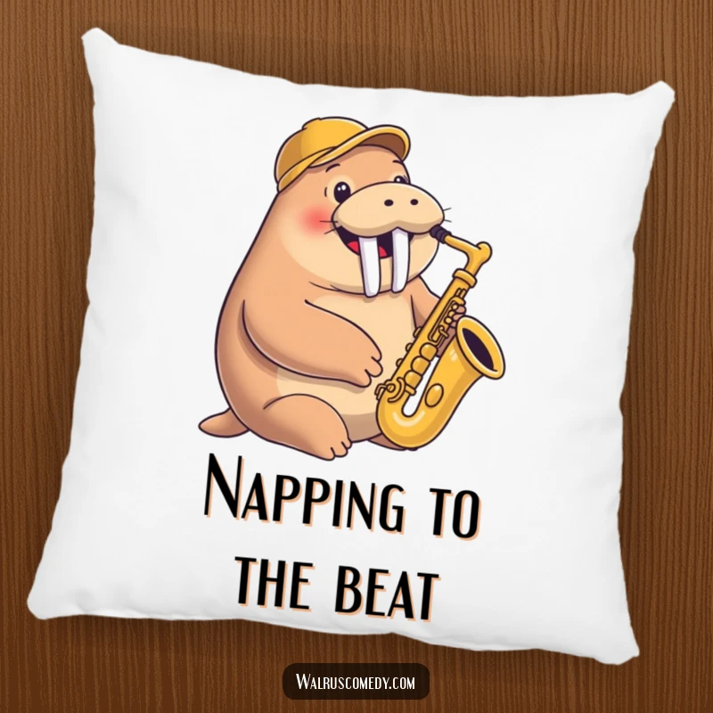 Funny pillow featuring a smiling walrus playing a saxophone with a jaunty cap, adding comfort and musical cheer.
