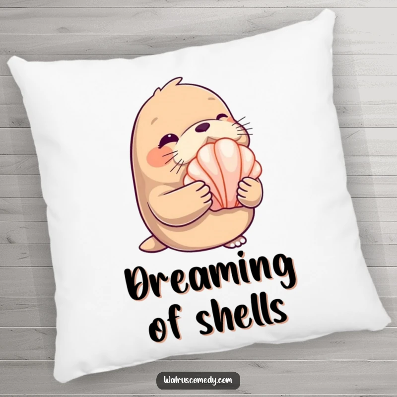 Funny Pillow: A winking walrus holds a shiny seashell, offering cozy comfort and seaside charm.