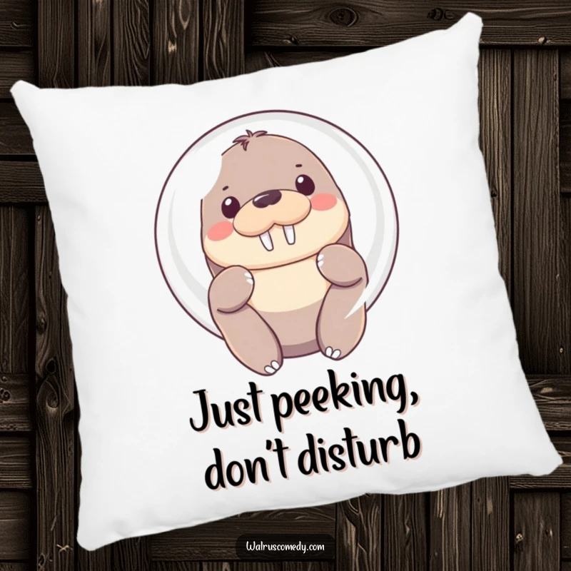 Funny Pillow featuring a Kawaii walrus peeking shyly from behind a big, bright bubble, offering soft comfort.
