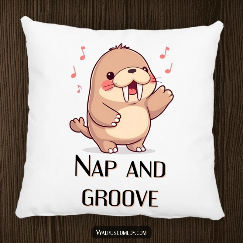 Funny kawaii walrus character happily tapping its flippers to a beat, looking incredibly content and cozy on a plush pillow.