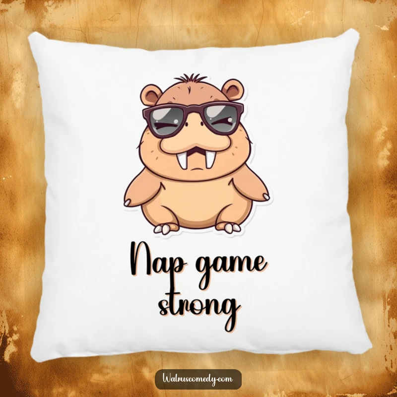 Funny winking walrus character wearing large sunglasses, featured on a soft pillow for a humorous and cool decorative accent