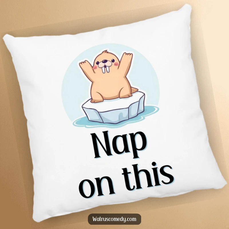 Funny kawaii walrus sunbathing on a tiny iceberg, arms raised, exuding comfort and joy on this plush decorative pillow.