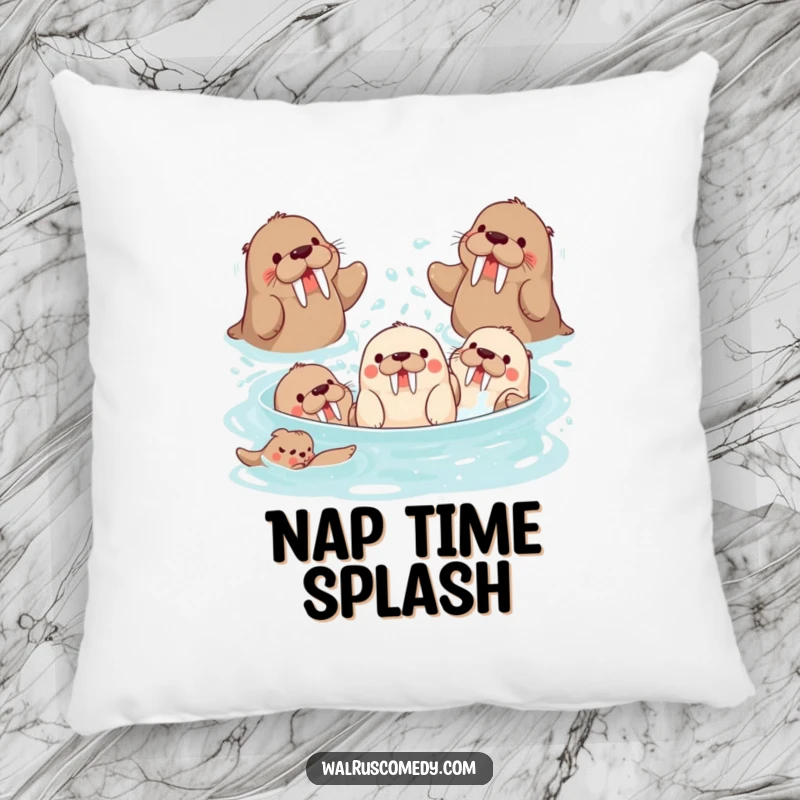 Funny group of playful walrus characters splashing water, perfect for comfort and as a funny gift.