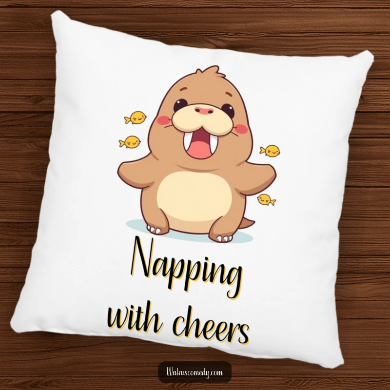 Funny walrus cheering on a pillow, a soft and decorative cushion featuring a supportive sea creature, great for relaxation.