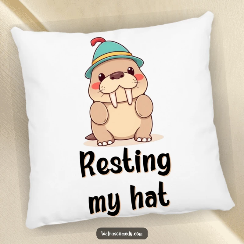 Funny Kawaii Walrus Hat Trick Pillow, a walrus balancing a hat, soft and charming cushion.