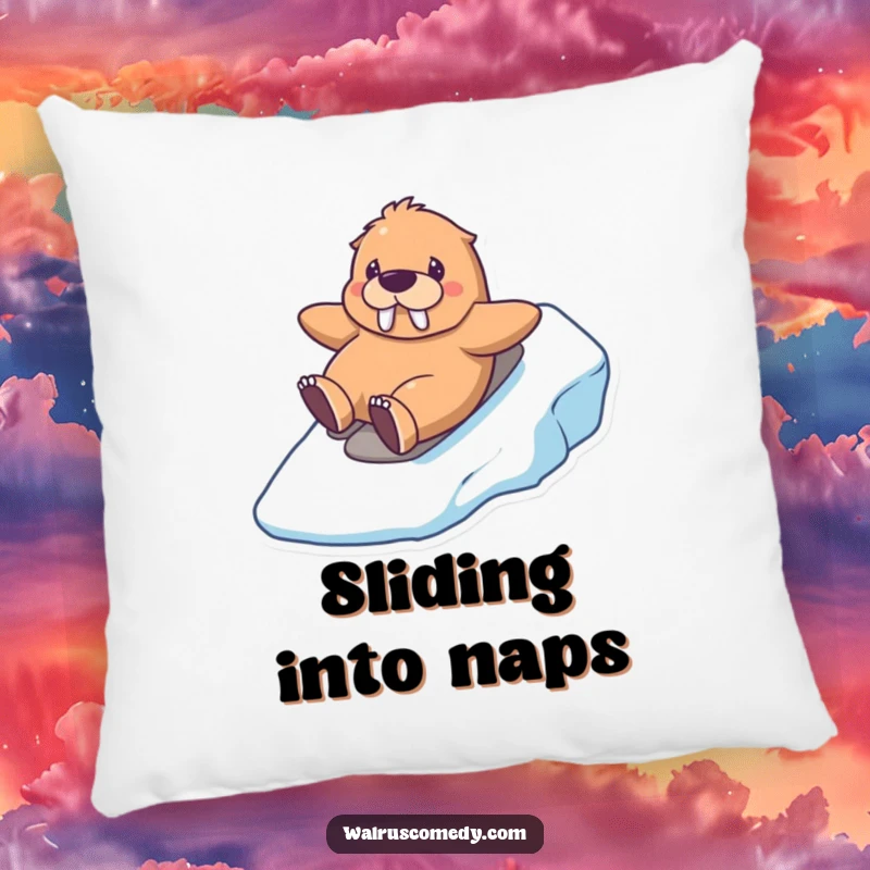 Funny kawaii walrus pillow featuring a happy walrus sliding down an icy hill, offering comfort and winter-themed decor.