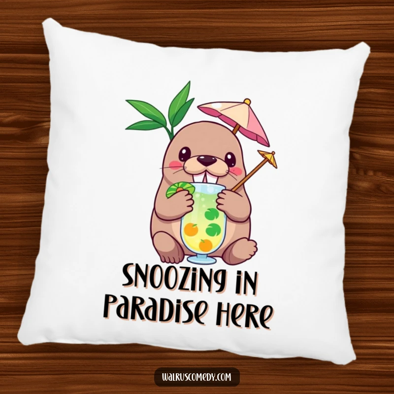 Funny decorative pillow featuring a cheerful walrus character with a tiny umbrella in a tropical cocktail, offering humorous comfort and beach vibes.