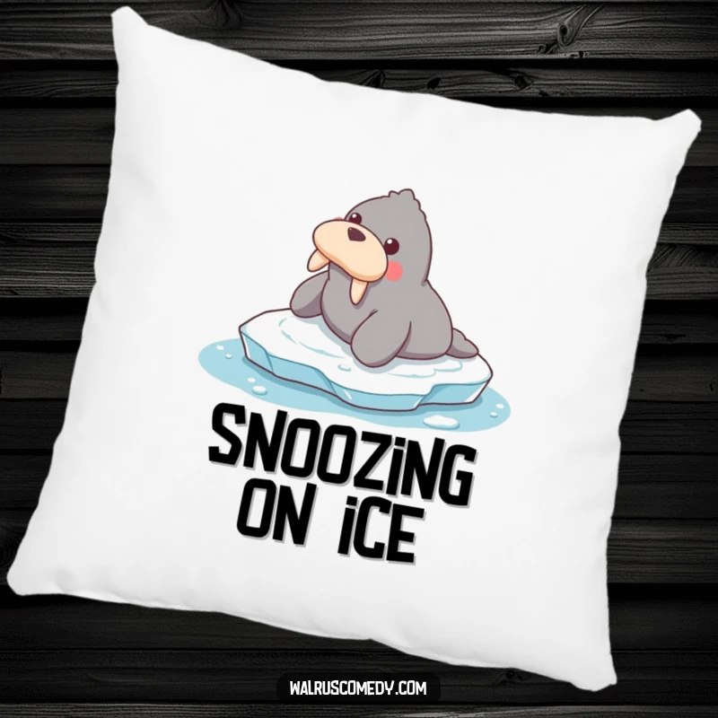Funny pillow showcasing a walrus playfully sliding on ice, offering cozy comfort and a dose of arctic humor.