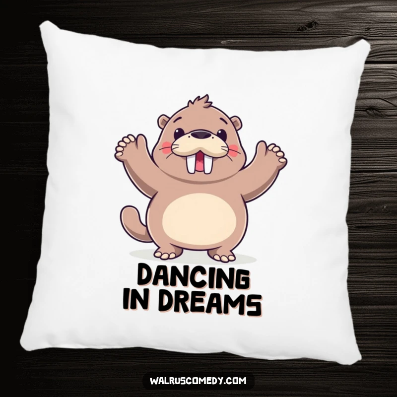 Funny walrus dancing on a pillow, a soft and decorative cushion featuring a joyful sea creature, great for comfort.