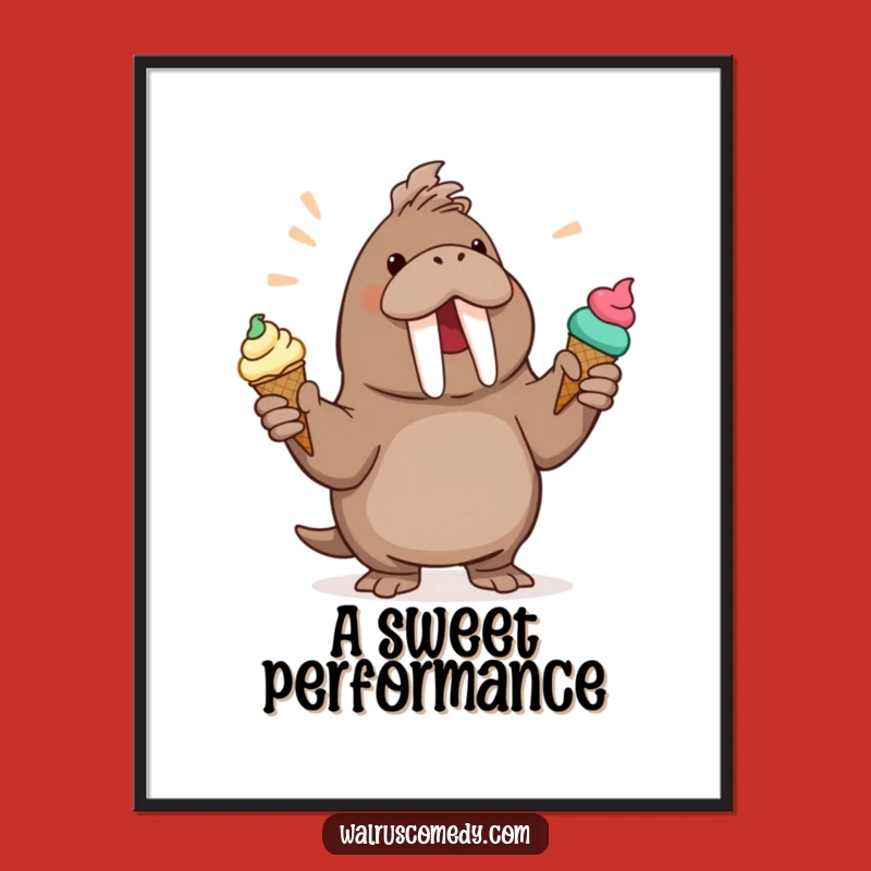 Funny Walrus Juggling Ice Cream Digital Print: Hilarious Art for Instant Download